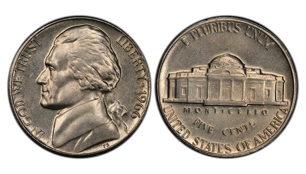 1966 Jefferson nickel obverse and reverse showing Jefferson portrait and Monticello