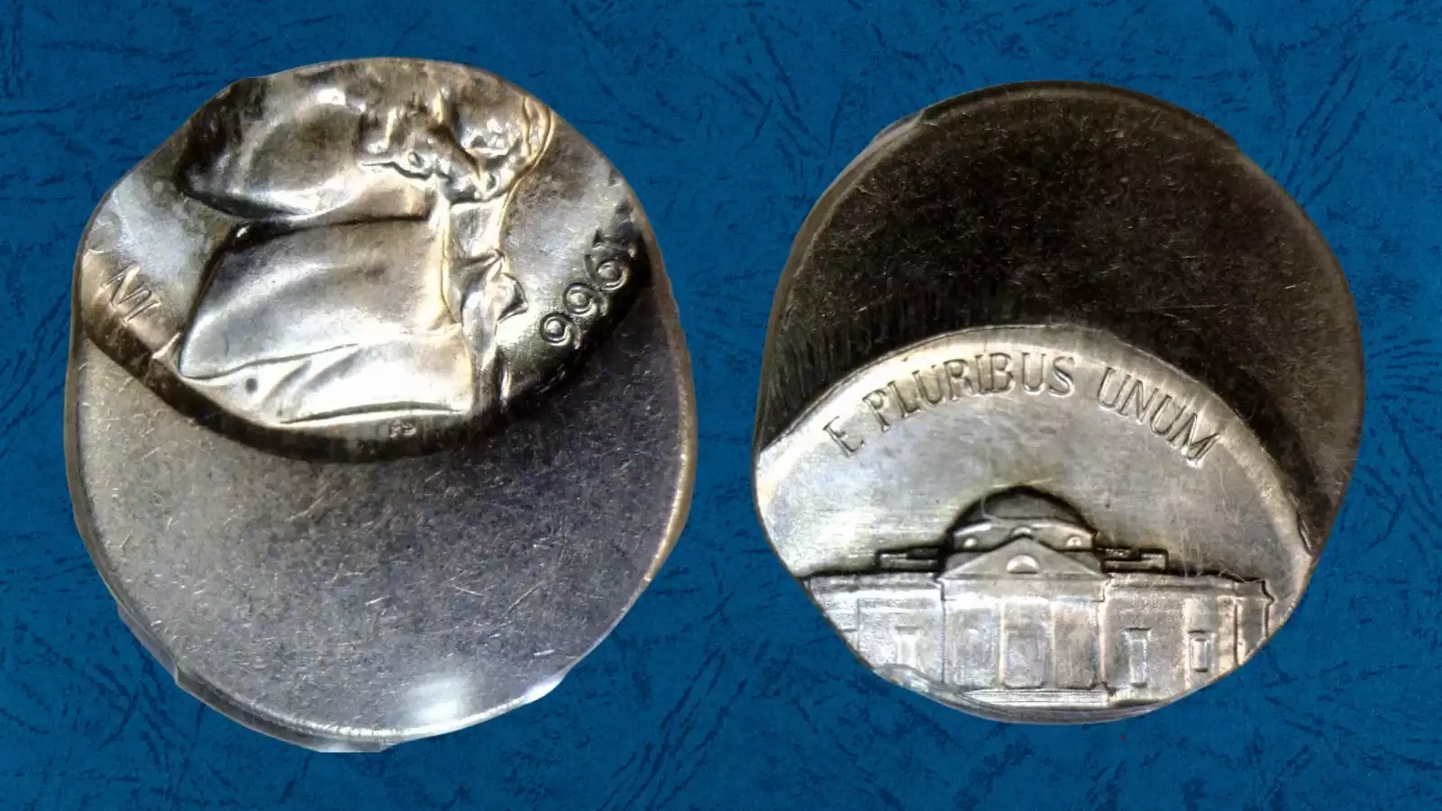 1966 nickel off-center strike error showing design shifted off-center with blank crescent and visible date