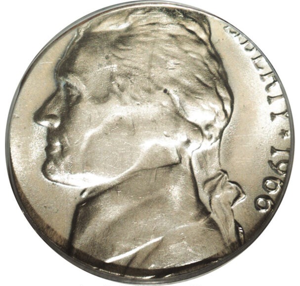 1966 nickel struck on a 10-cent dime planchet, visibly smaller than a normal nickel with cropped design edges