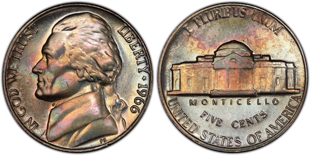 Group of 1966 Jefferson nickels in various grades from worn circulated to gem uncirculated, showing the range of preservation levels