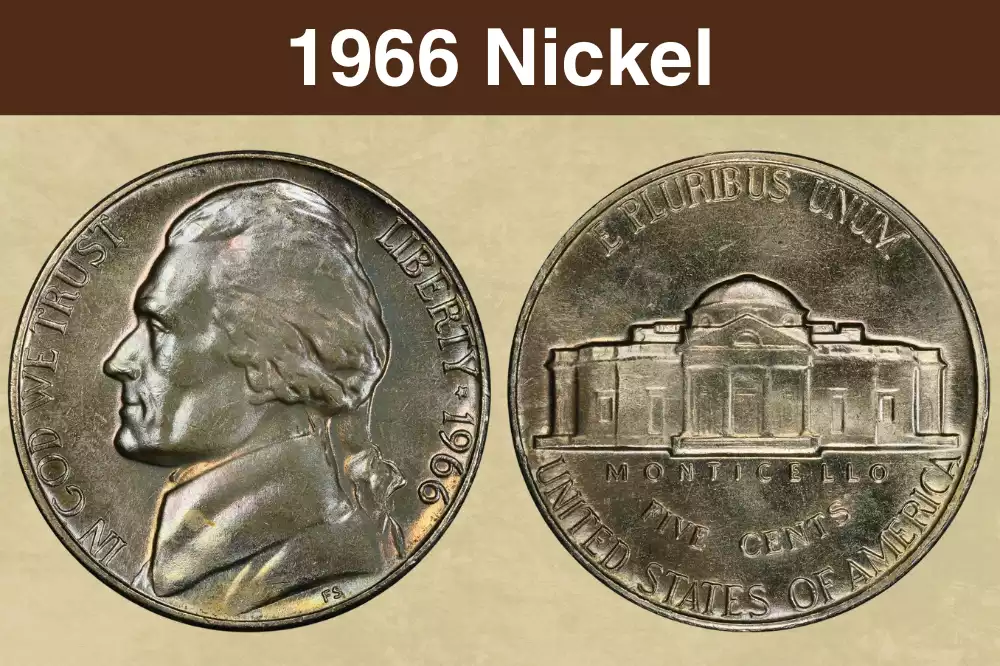 1966 Jefferson nickel grading strip showing four condition tiers: Worn, Circulated (AU), Uncirculated (MS63), and Gem (MS66) side by side